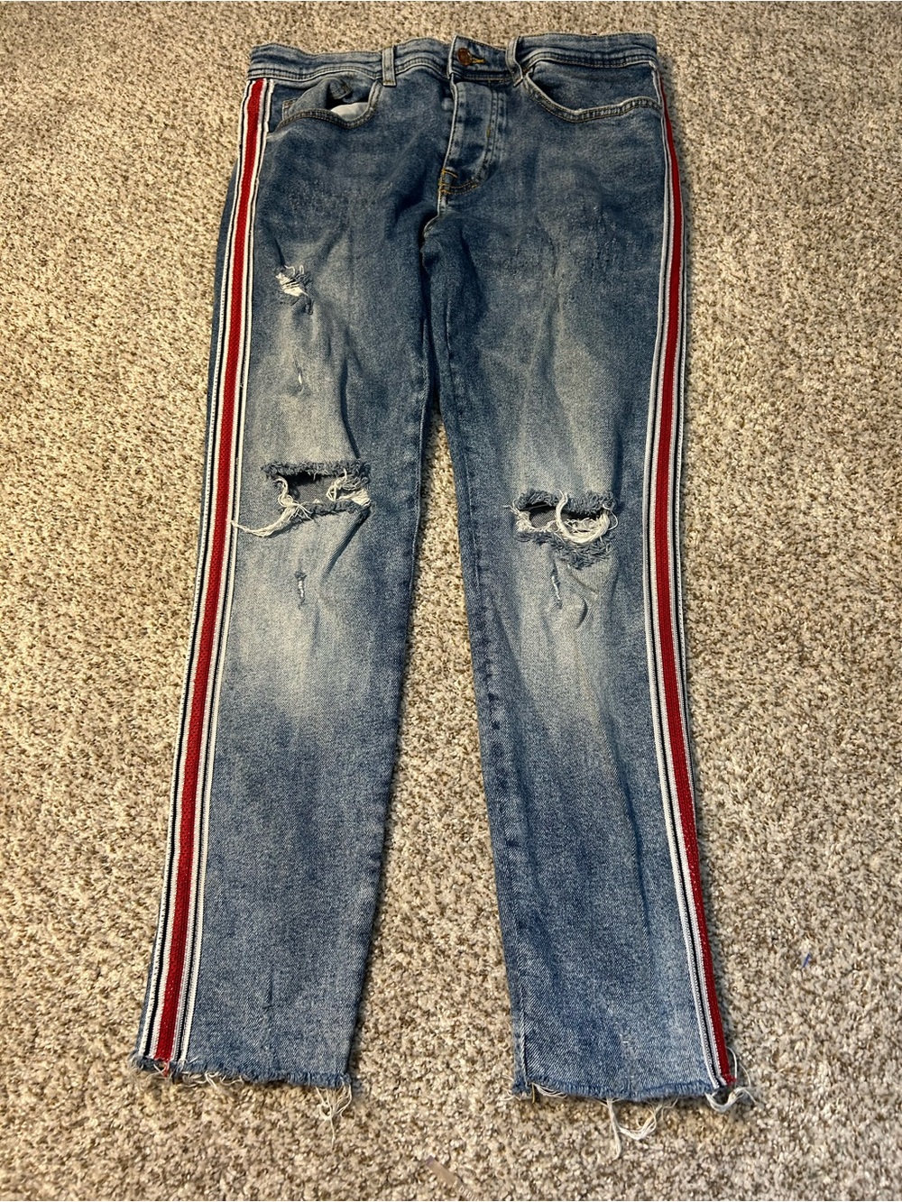 Zara Blue Skinny Jeans with Red White Black Side Stripes